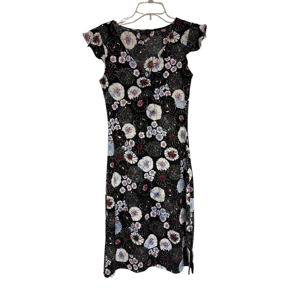 BCBGMAXAZRIA Floral V-Neck Flutter Sleeve Sheath Dress Black Multi Small